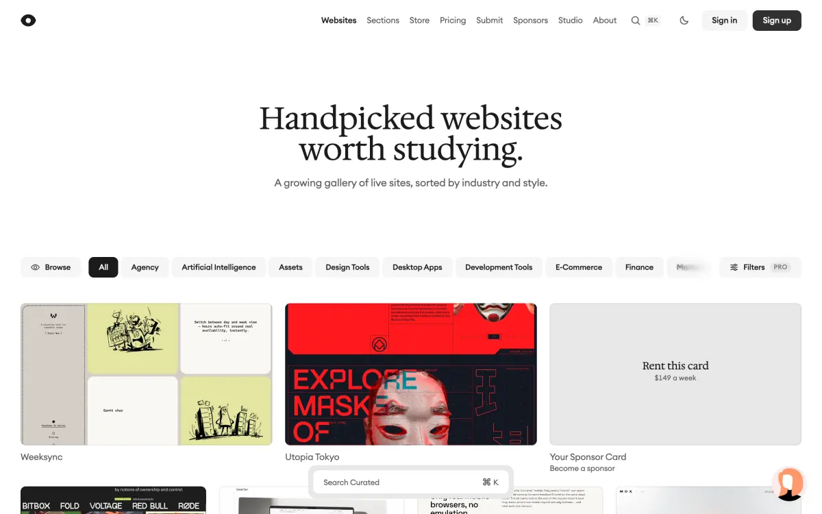 Startseite von Curated.design mit dem Satz Handpicked websites worth studying