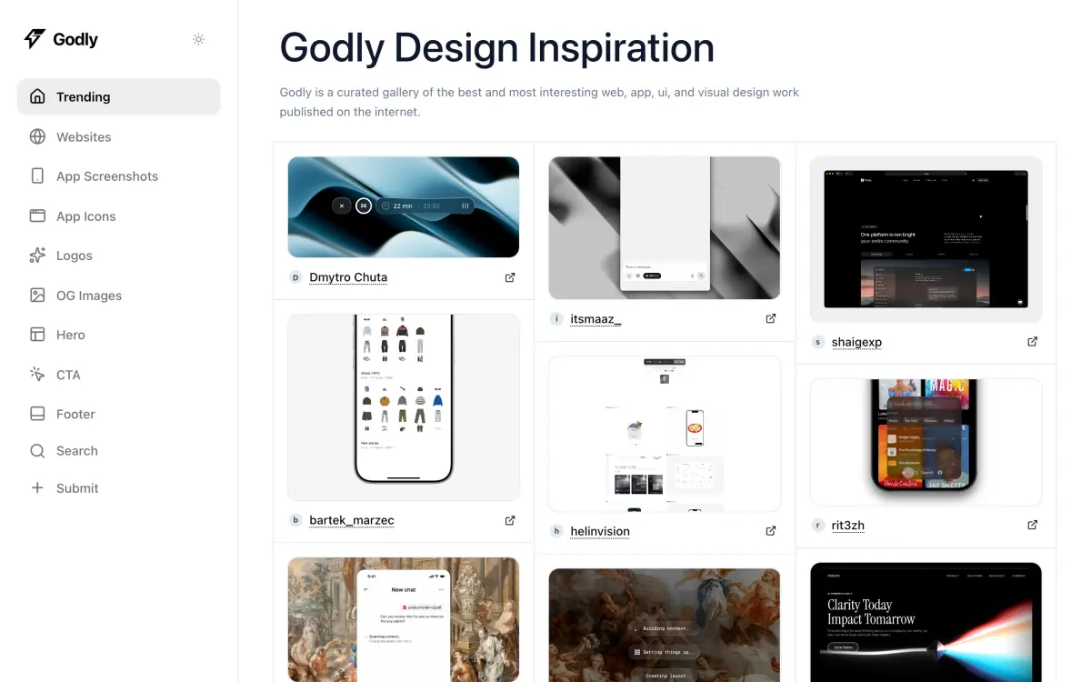 Startseite von Godly mit der Seitenleiste für Hero, CTA, Footer, Logos und OG Images
