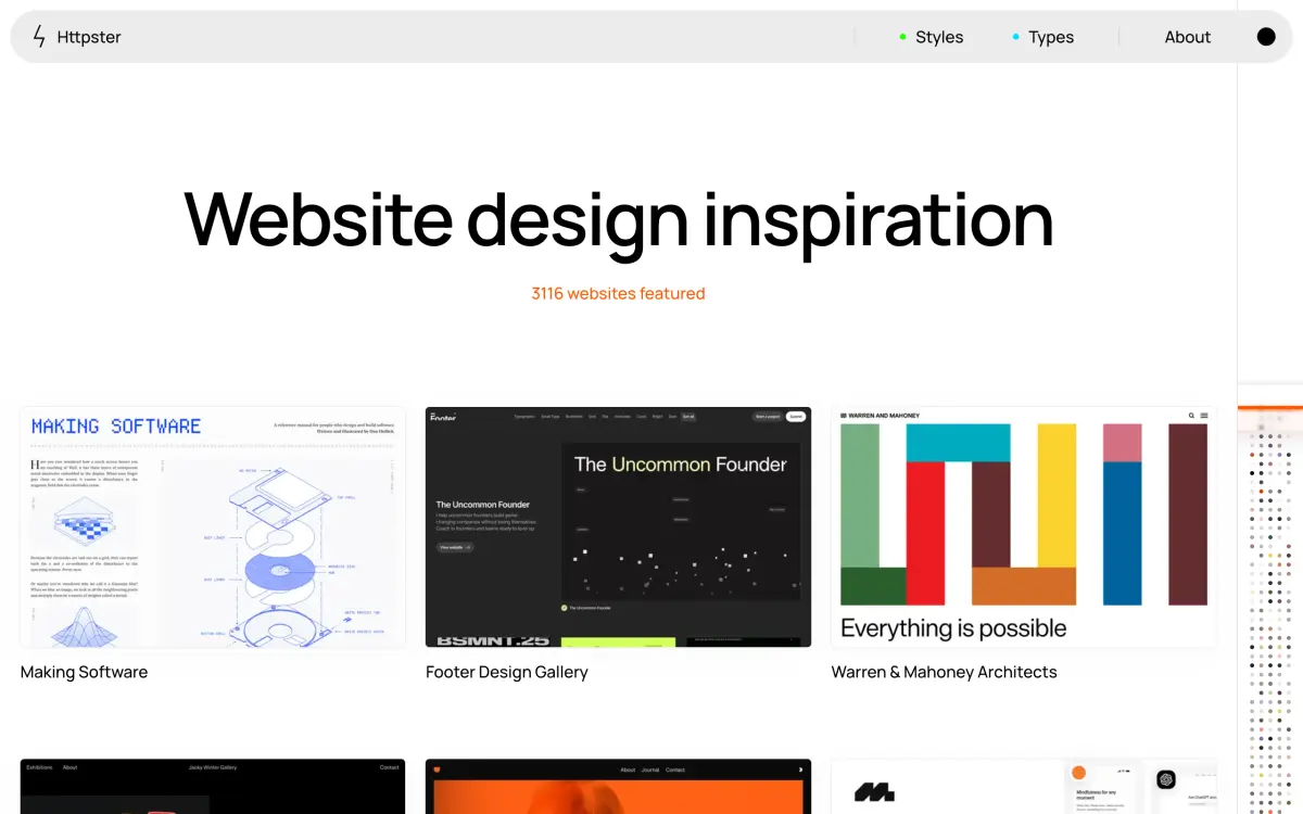 Startseite von Httpster mit der Zahl der gezeigten Websites