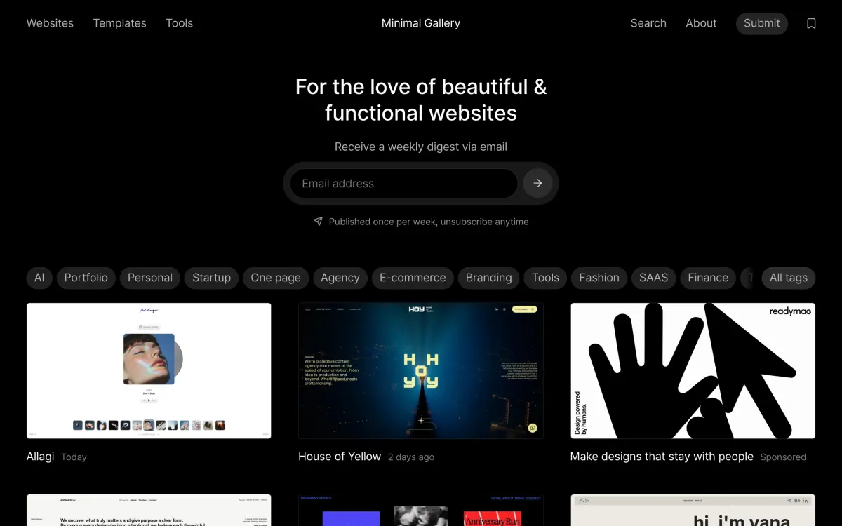 Startseite von Minimal Gallery mit Themen-Filtern