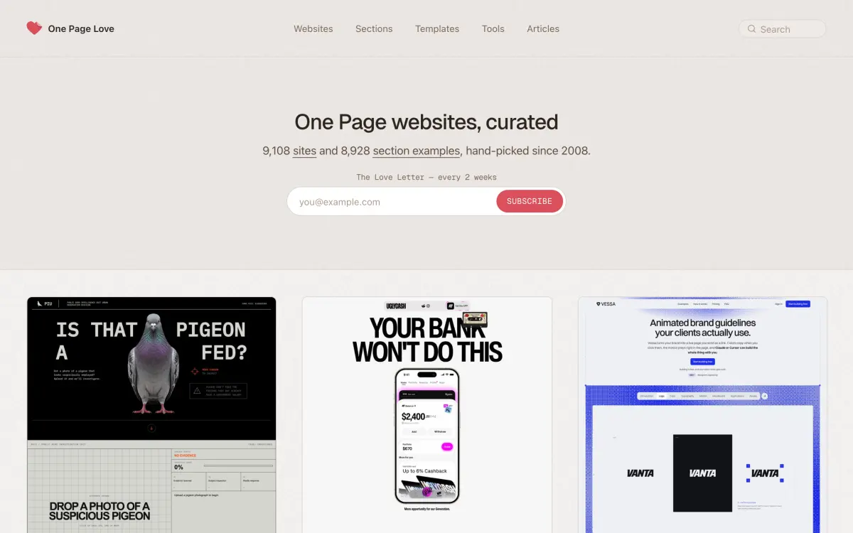 Startseite von One Page Love mit der Zahl der gesammelten Onepager