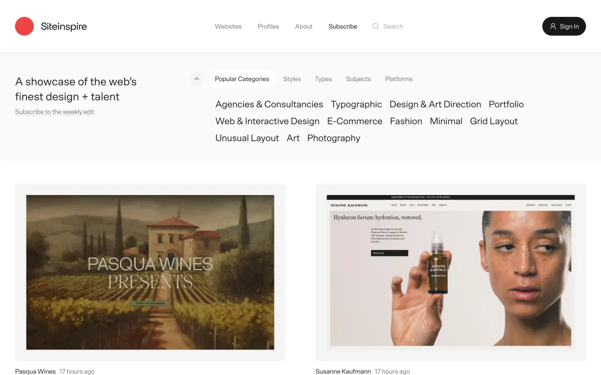 Startseite von siteinspire mit den Filterkategorien Styles, Types, Subjects und Platforms