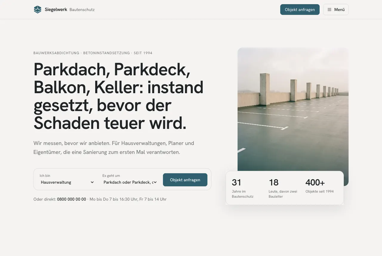 Startseite eines Bautenschutz-Betriebs mit Objektauswahl und Kennzahlen