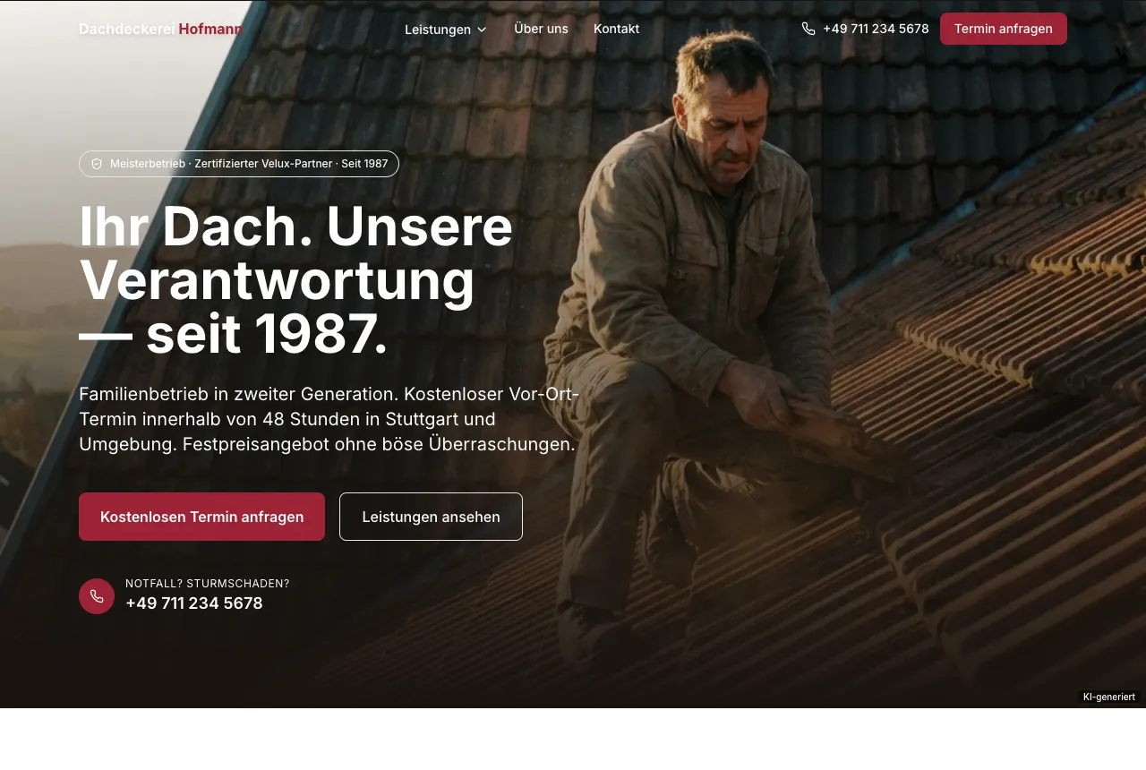 Startseite eines Dachdeckerbetriebs mit Notdienst-Nummer und Angebotsanfrage