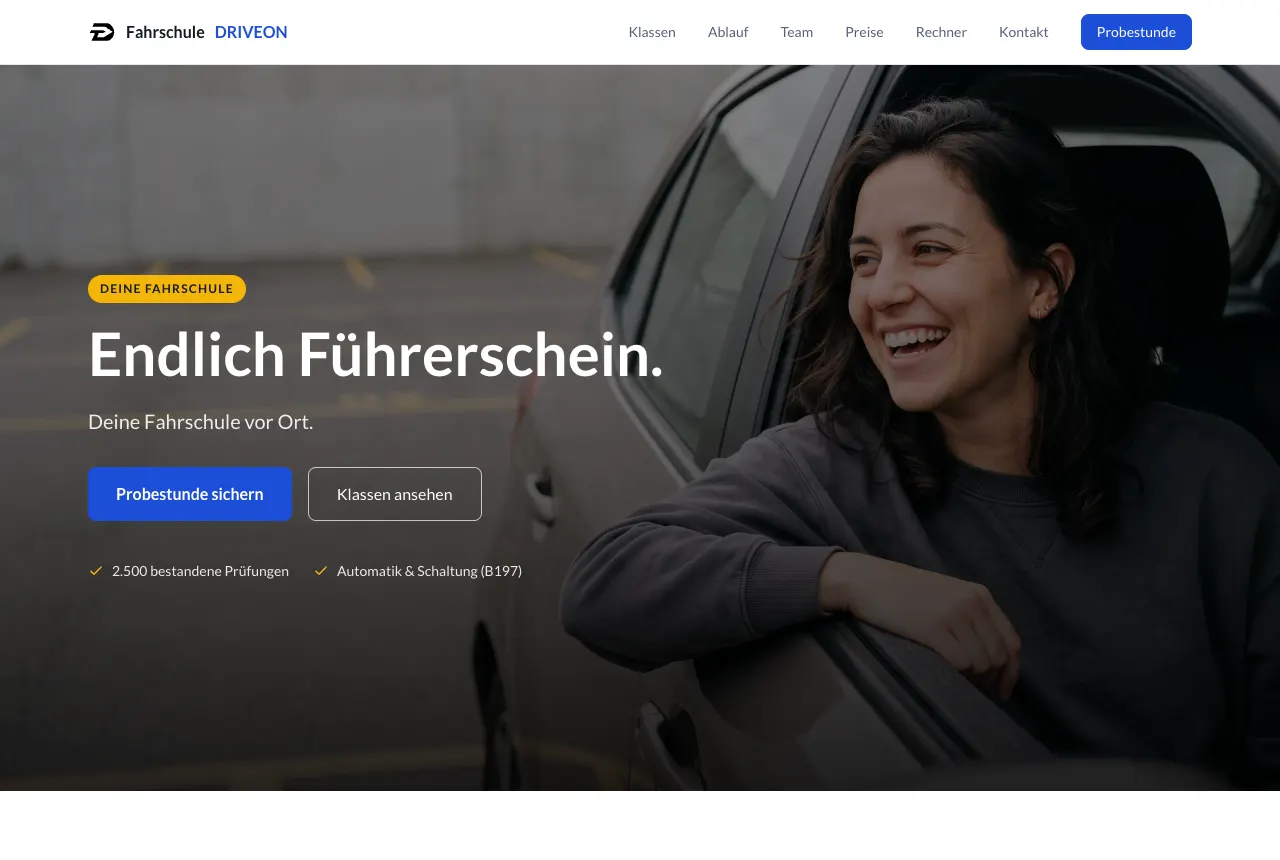 Startseite einer Fahrschule mit Probestunde und Klassen