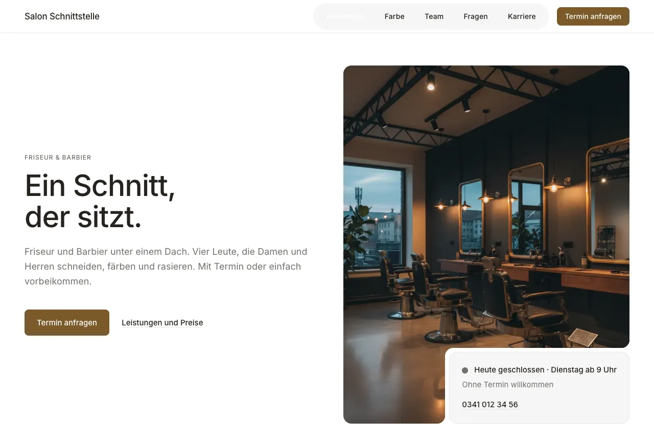 Startseite eines Friseursalons mit Terminanfrage und Hinweis auf heutige Öffnung
