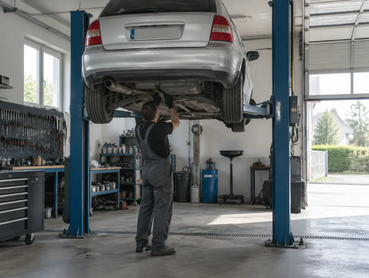 Mechaniker unter einem Auto auf der Hebebühne