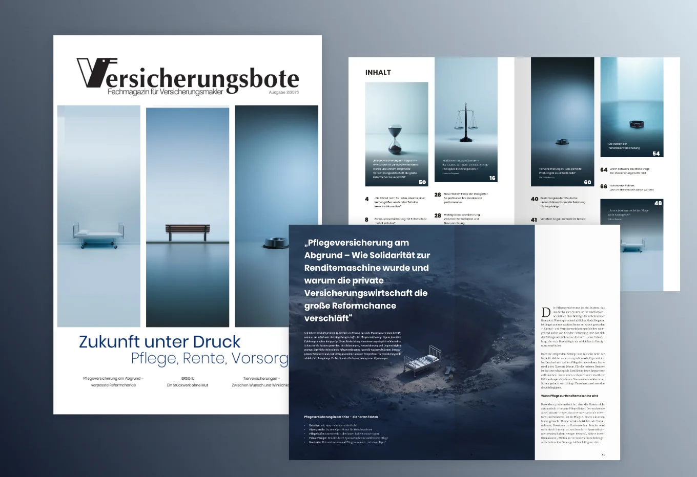 Titelblatt und aufgeschlagene Doppelseite des Fachmagazins Versicherungsbote