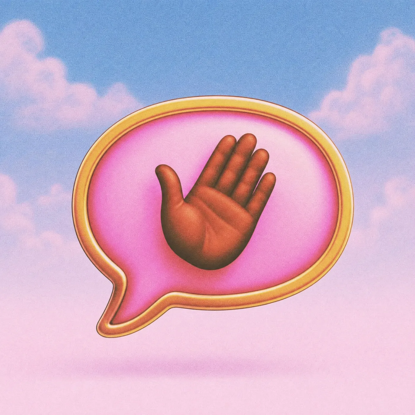 Eine offene Hand in einer Sprechblase vor einem Wolkenhimmel