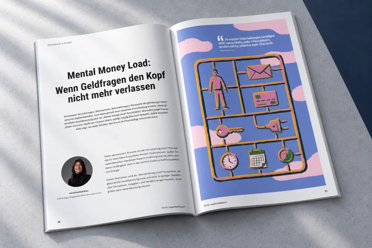 Aufgeschlagener expertenReport 10/26 mit der Doppelseite „Mental Money Load"