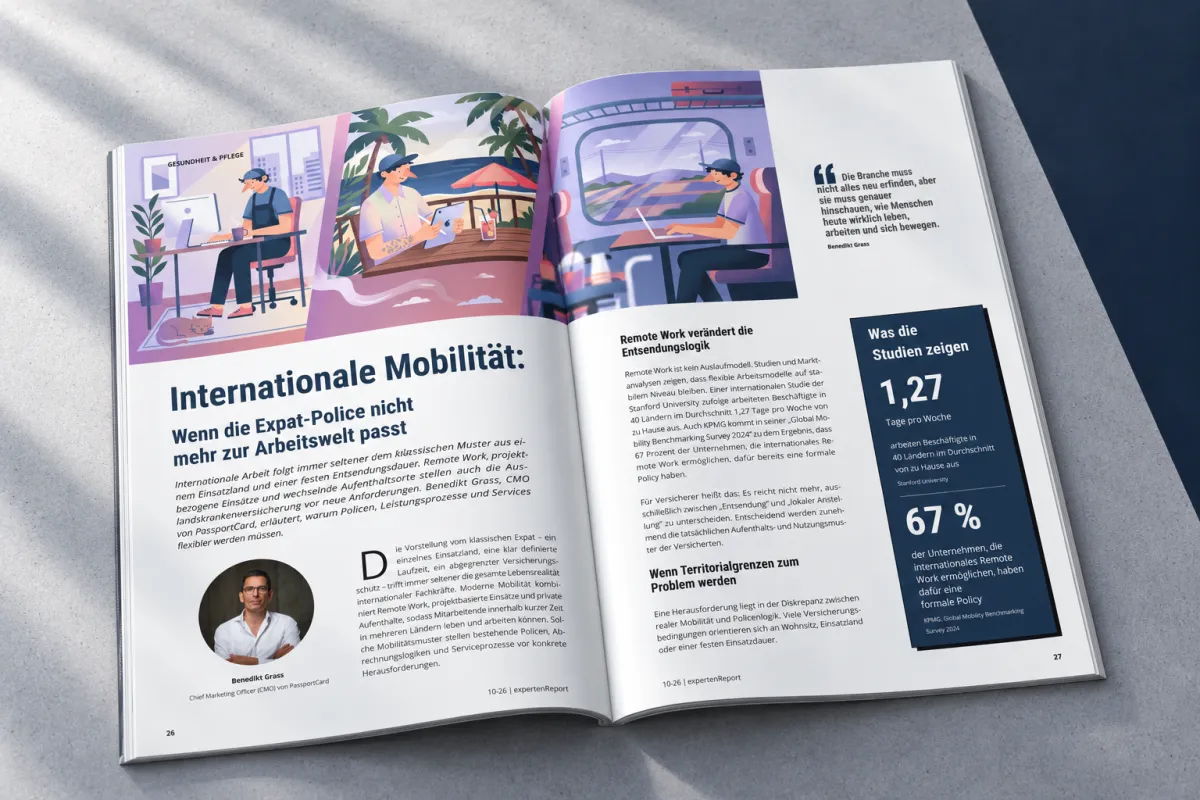 Aufgeschlagener expertenReport 10/26 mit der Doppelseite „Internationale Mobilität"